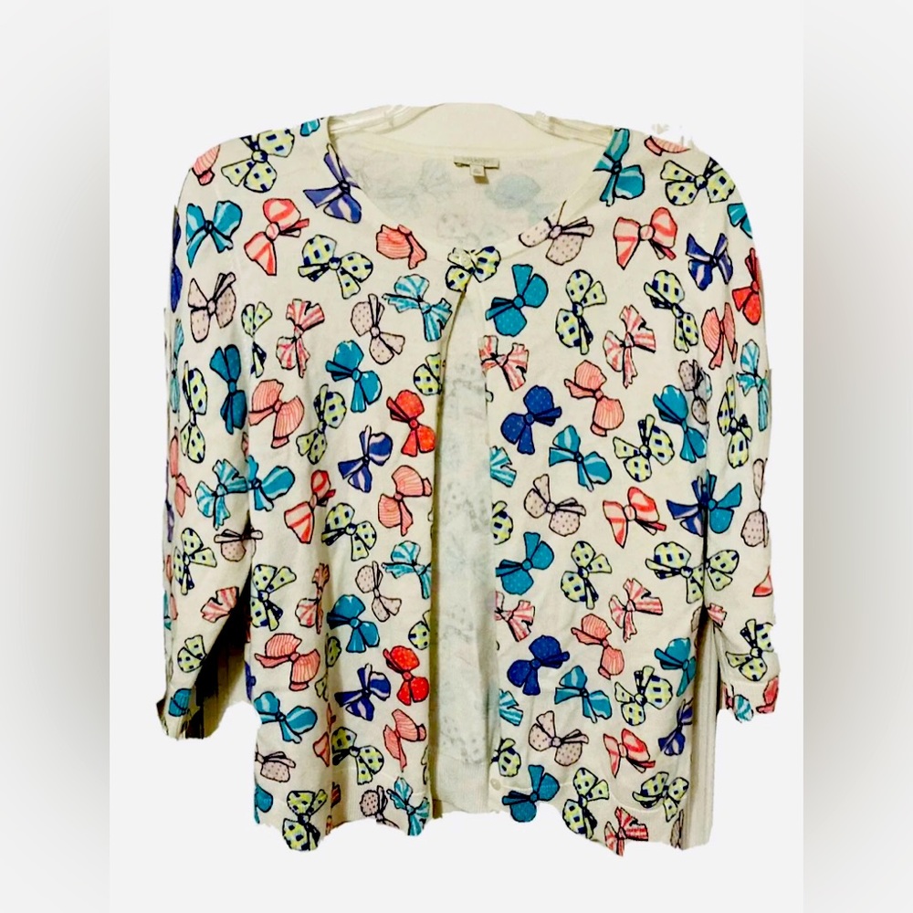 Talbots XL Womens Cardigan Sweater Bows Multicolored 3/4 sleeves Pastels
